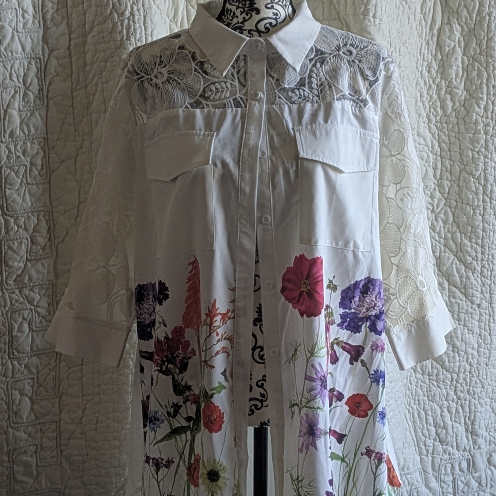 Floral Embroidered White Button-Up Shirt